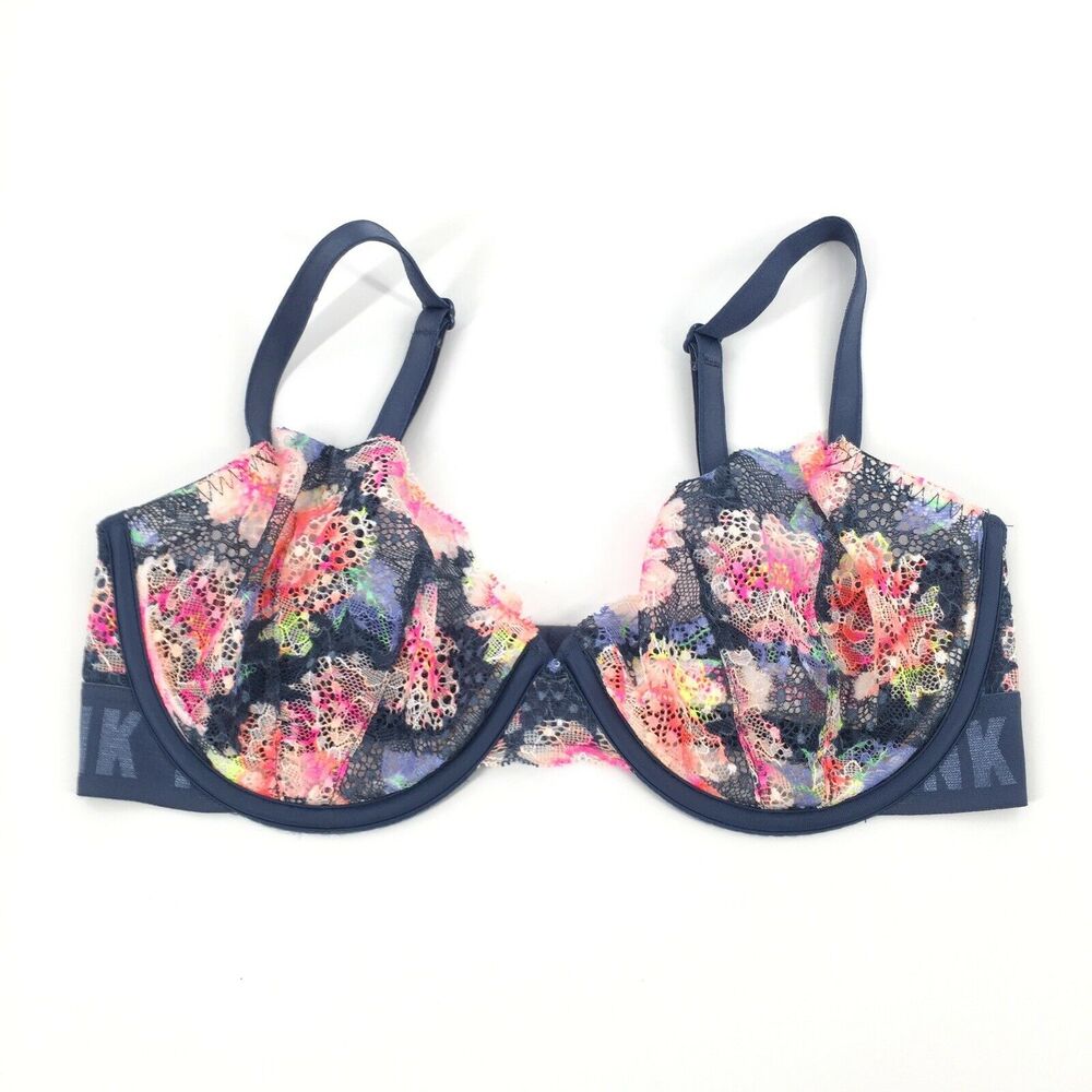 PINK Victoria's Secret Date Push Up Bra 32DD Navy Blue Neon Lace Floral Sexy